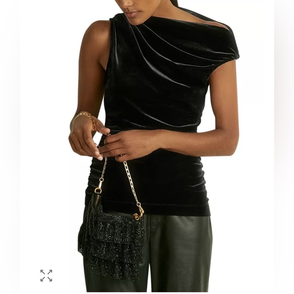 Reiss Dylan Elegant Black Velvet Drape off shoulder Top Black Sz L - Picture 2 of 8
